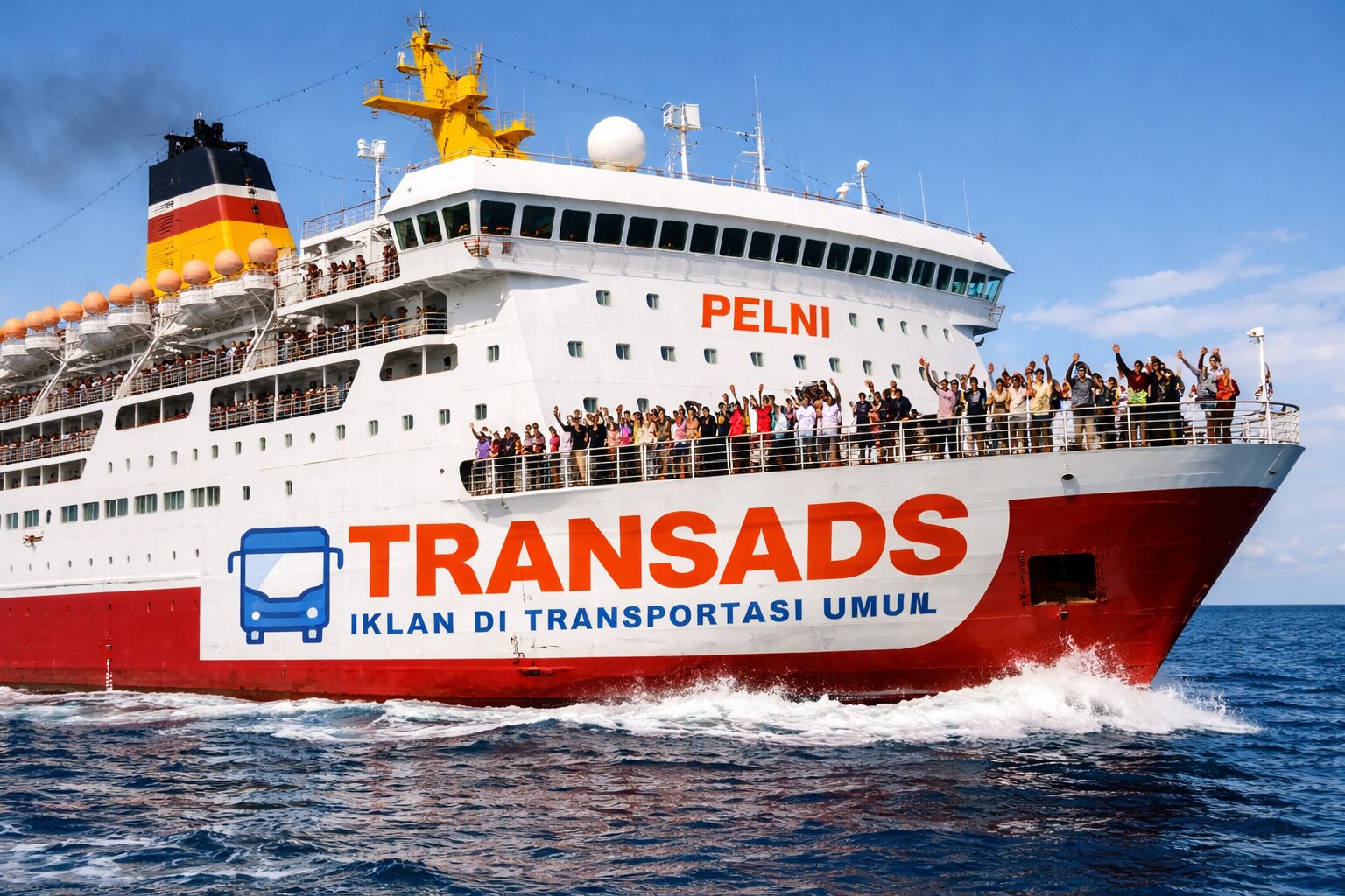 Passenger ship sailing with vibrant signage